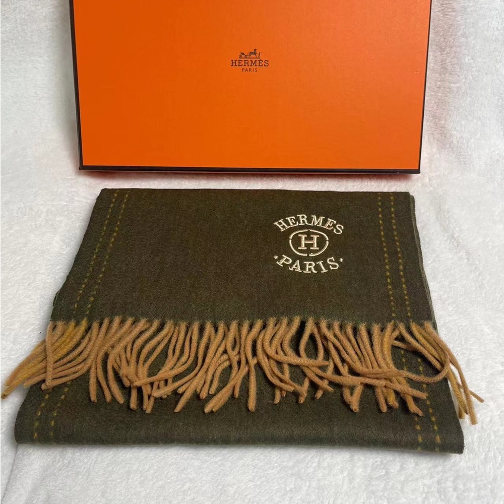 Hermes Cashmere Scarf with Embroidered Logo & Fringes